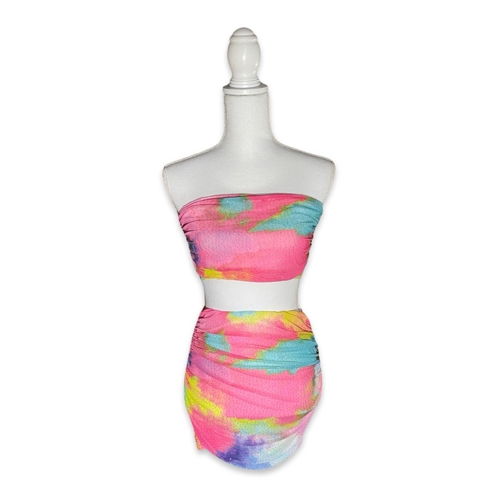 SHEIN BAE Tie Dye Crop Tube Top & Ruched Bodycon Skirt